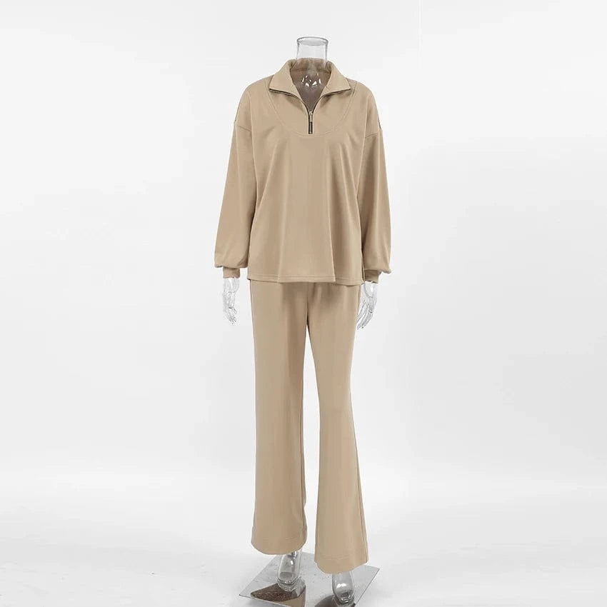 OOTN Women's Autumn Casual Khaki Set Lapel Long Sleeve Pullover With Zip and Elasticated Trousers Two Piece Winter Streetwear