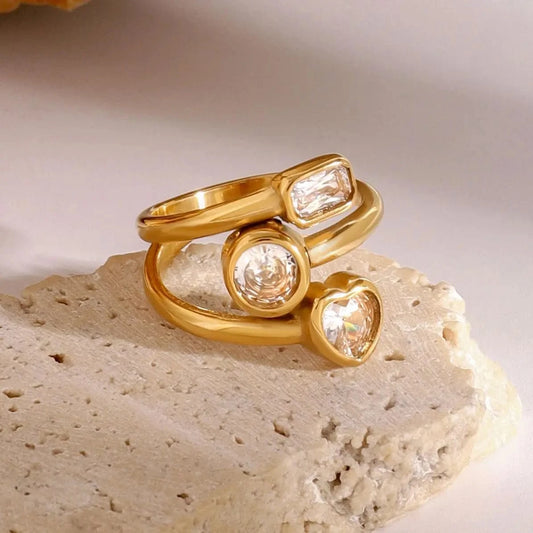 open ring / Cute / R1924 R192 Zircon Multi Three Layers Ring Hollowed 18K PVD Gold Plated Stainless Steel Three-layer Heart Opening Ring For Women