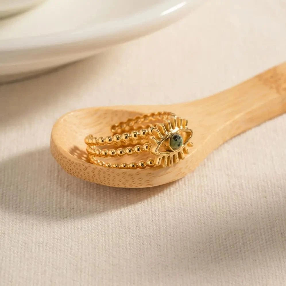 open ring / Cute / R1937 R1937 Multi Layers Devil's Eye African Pine Open Ring 18K PVD Gold Plated Stainless Steel Beads Ring For Women