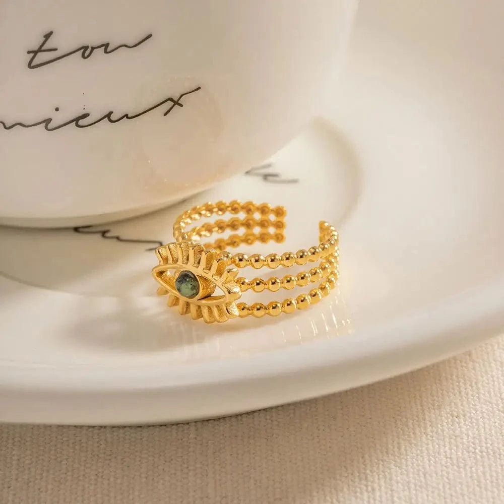 open ring / Cute / R1937 R1937 Multi Layers Devil's Eye African Pine Open Ring 18K PVD Gold Plated Stainless Steel Beads Ring For Women