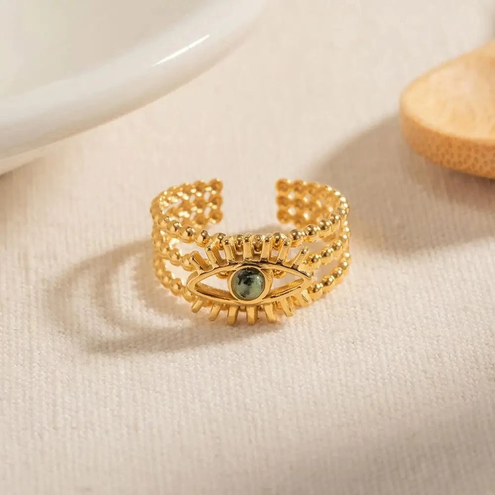 open ring / Cute / R1937 R1937 Multi Layers Devil's Eye African Pine Open Ring 18K PVD Gold Plated Stainless Steel Beads Ring For Women