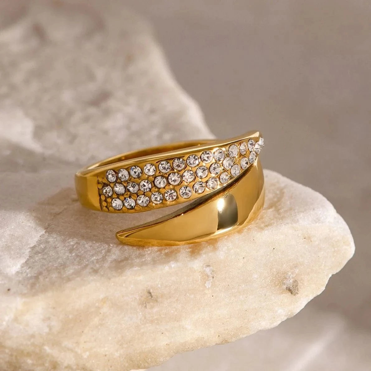 open ring / Cute / R2472 R2472 Jewelry Zircon/White  Geometric Opening Ring  18K PVD Gold Silver Plated Stainless Steel  For Women