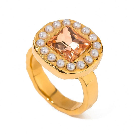 open ring / Cute / R2474 R2474 Rhinestone Pearl/Hammer Pink Rhinestone Ring with Sticky Pearl 18K PVD Gold Plated Stainless Steel  Ring