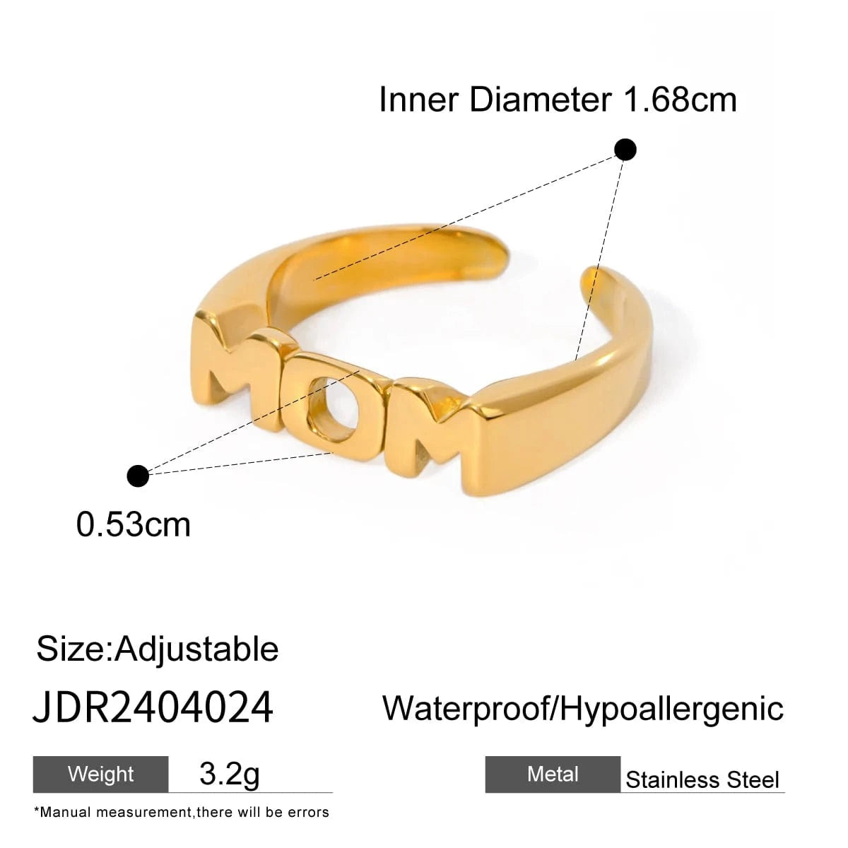 open ring / Hiphop / R2648 R2648 Jewelry MAMA Mother's Day Ring 18K Gold Plated Stainless Steel statement Ring Engraved Letter Chunky Ring