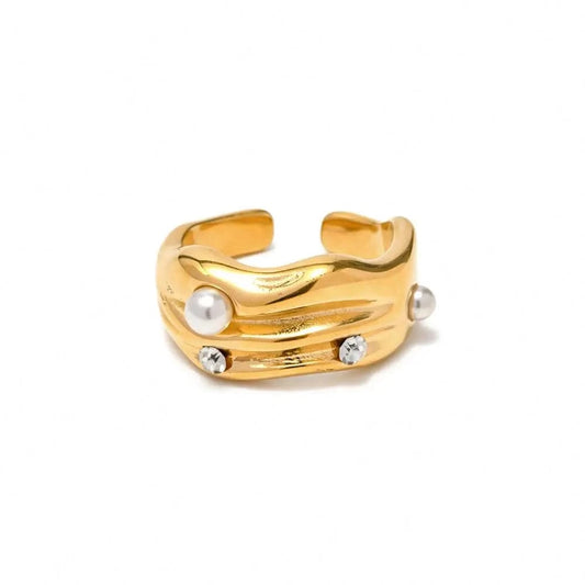Open ring / TRENDY / R1958 R1958 Geometric Pearl Zirconia Inlaid Opening Finger Rings 18k Gold Plated Stainless Steel Muti Layer Rings