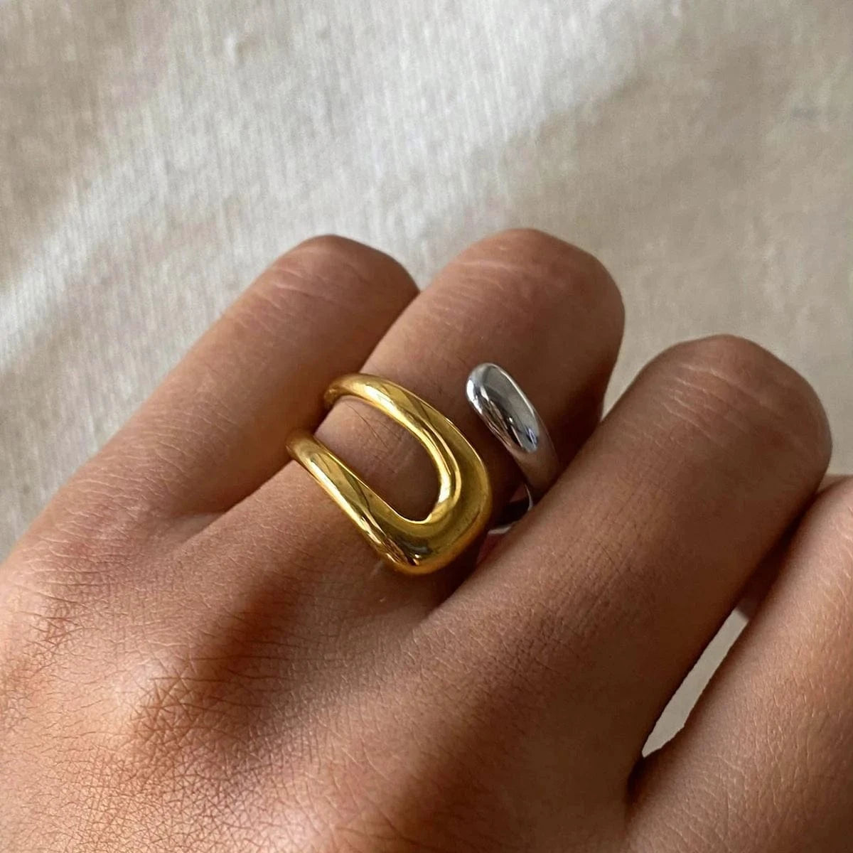 open ring / TRENDY / R2493 R2493 Design Two-tones Ring 18K PVD Gold Plated Stainless Steel  Ring Two Tone Colorblock Cross Asymmetric Open Ring For Women