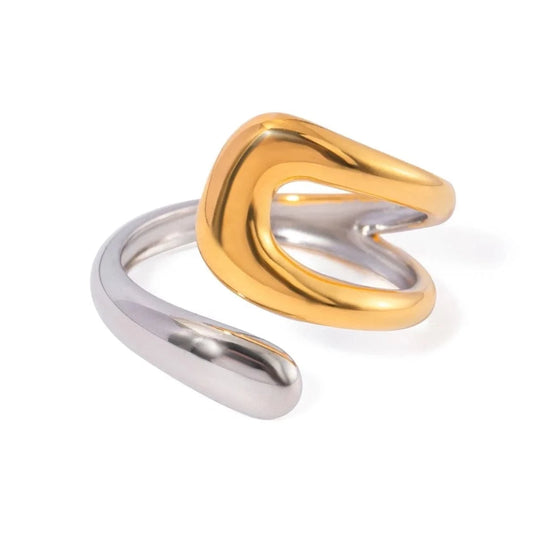 open ring / TRENDY / R2493 R2493 Design Two-tones Ring 18K PVD Gold Plated Stainless Steel  Ring Two Tone Colorblock Cross Asymmetric Open Ring For Women