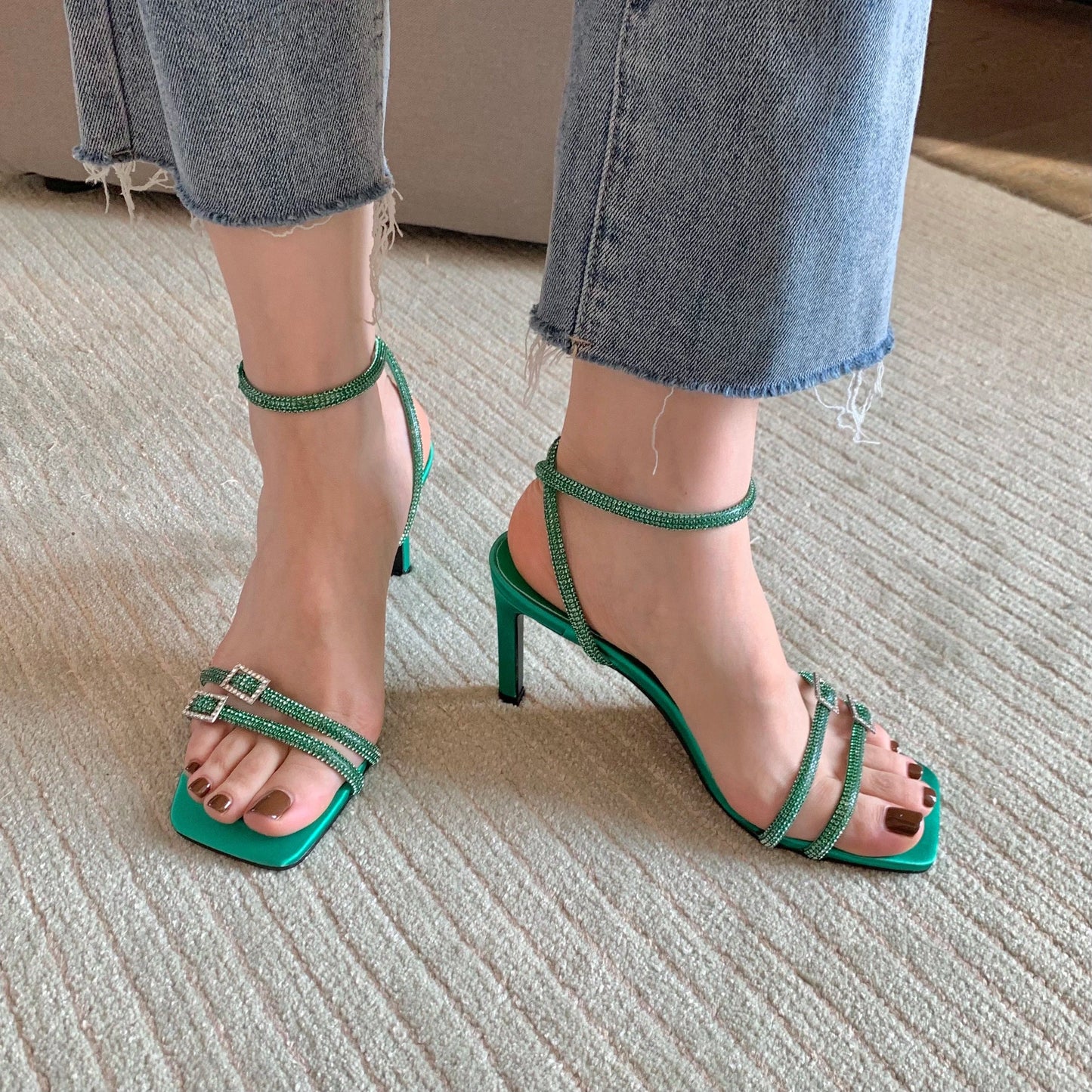 Open Toe Women Sandals Narrow Band Thin High Heels 2023 New Arrivals black green Ankle Strap Stiletto Heels Pumps