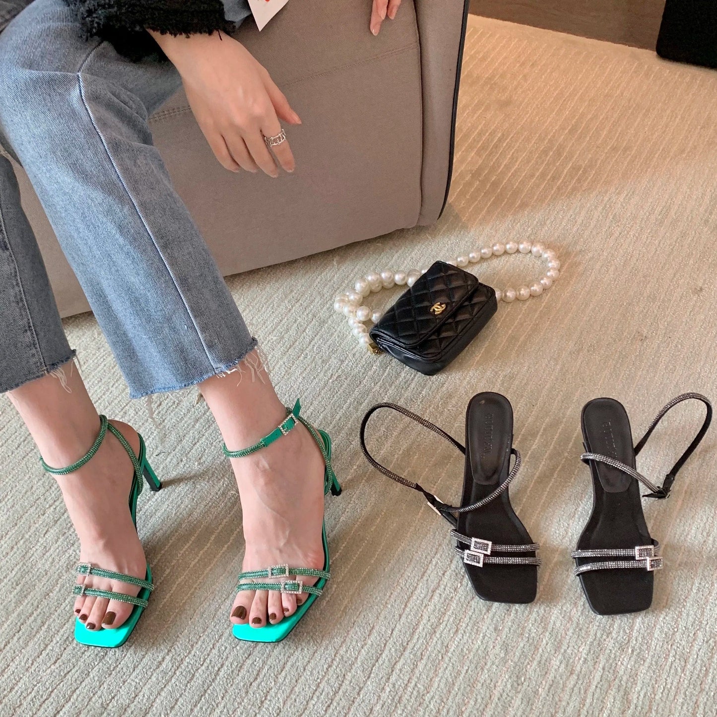 Open Toe Women Sandals Narrow Band Thin High Heels 2023 New Arrivals black green Ankle Strap Stiletto Heels Pumps