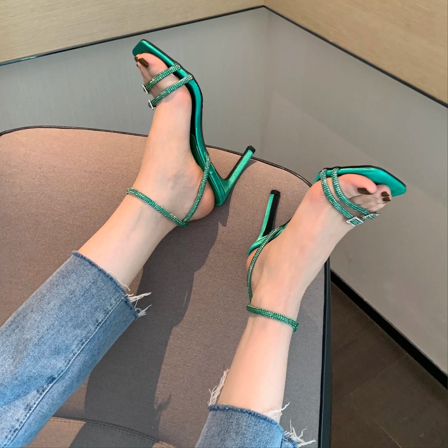 Open Toe Women Sandals Narrow Band Thin High Heels 2023 New Arrivals black green Ankle Strap Stiletto Heels Pumps