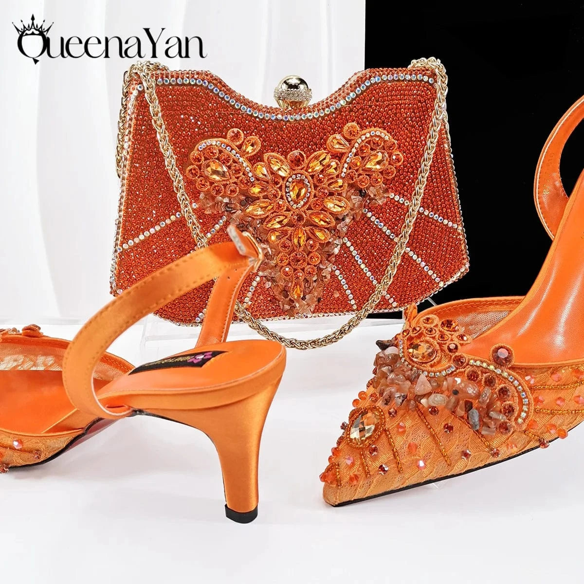 Orange / 39 / CHINA Queena Yan Women High Heel Party For Purple Color Shoes and Bag Set Rhinestone Handbag Italian Design Wedding INS 2025