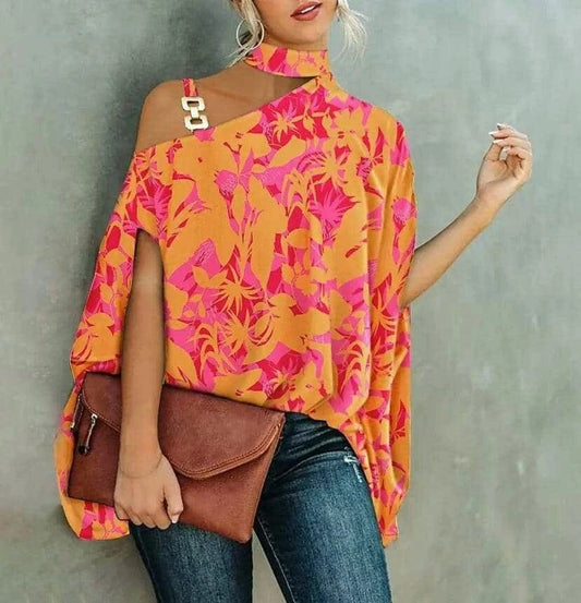 Orange / 4XL Plus Size Women's Sexy Loose Blouse 2024 Summer Shirt Open-shoulder Hollowed-out Short Sleeve Chain Neck Print Top Femme Blouse