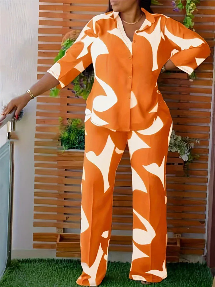 Orange / 5XL Wmstar Plus Size Two Piece Set Women Wholesale Print Pants Sets  Button Shirts Top and Flared Trousers New in Summer 2025