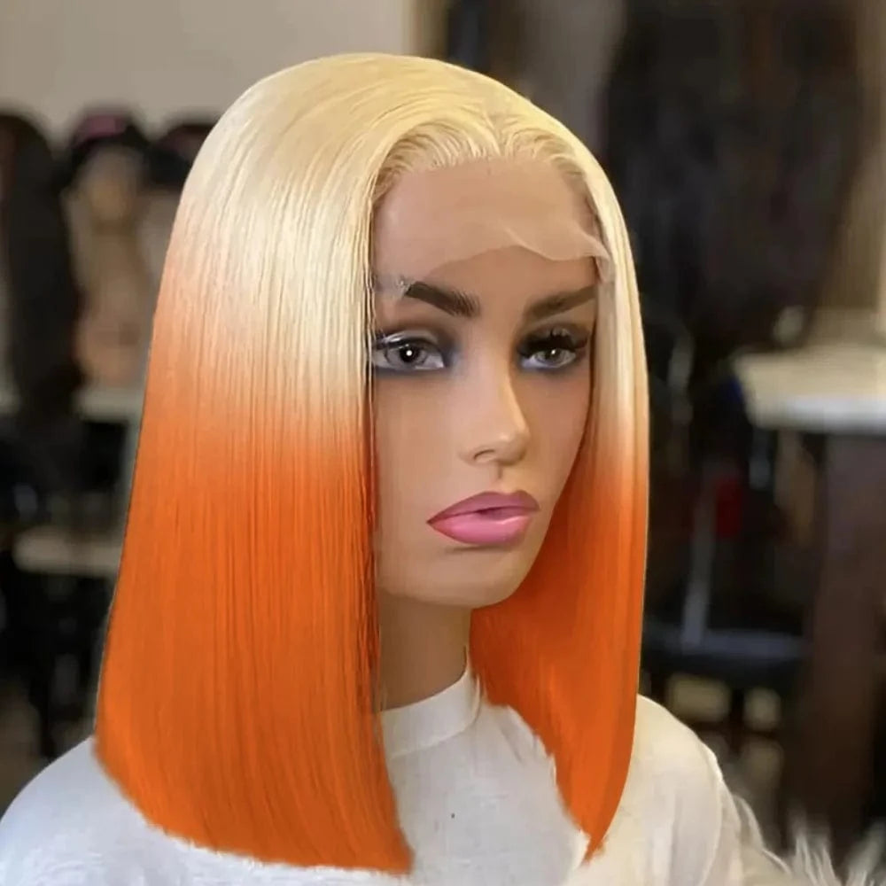 Orange 613 Blonde / 12inches / 180% 13x4 Lace Front Wig Ombre Orange 613 Blonde Colored Bob Wigs For Women Straight Brazilian Virgin Human Hair Wig