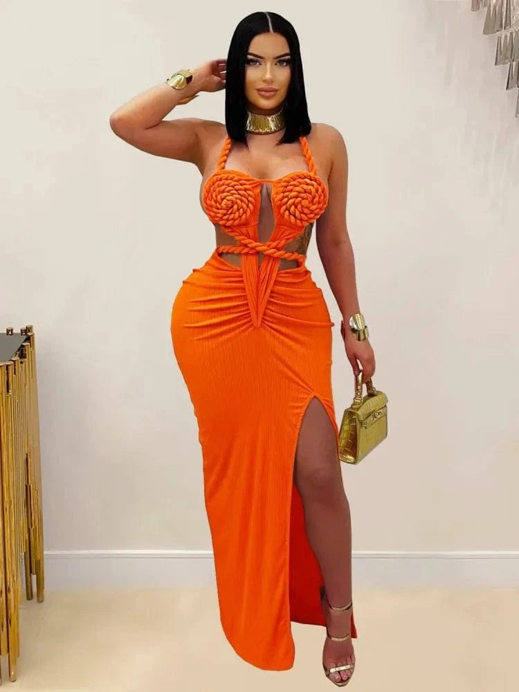 Orange / S Joskaa Women's 2025 Summer Knit Halter Dress Sexy Hollow Backless Slit Bodycon Maxi Dresses Holiday Party Club Beachwear S-XXL