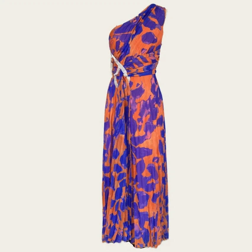 Orange / S Krisstarsgirls Women's Evening Party Dresses 2025 Summer Spring Leopard Pleated Split-Side Sleeveless Rhinestone Maxi Dresses