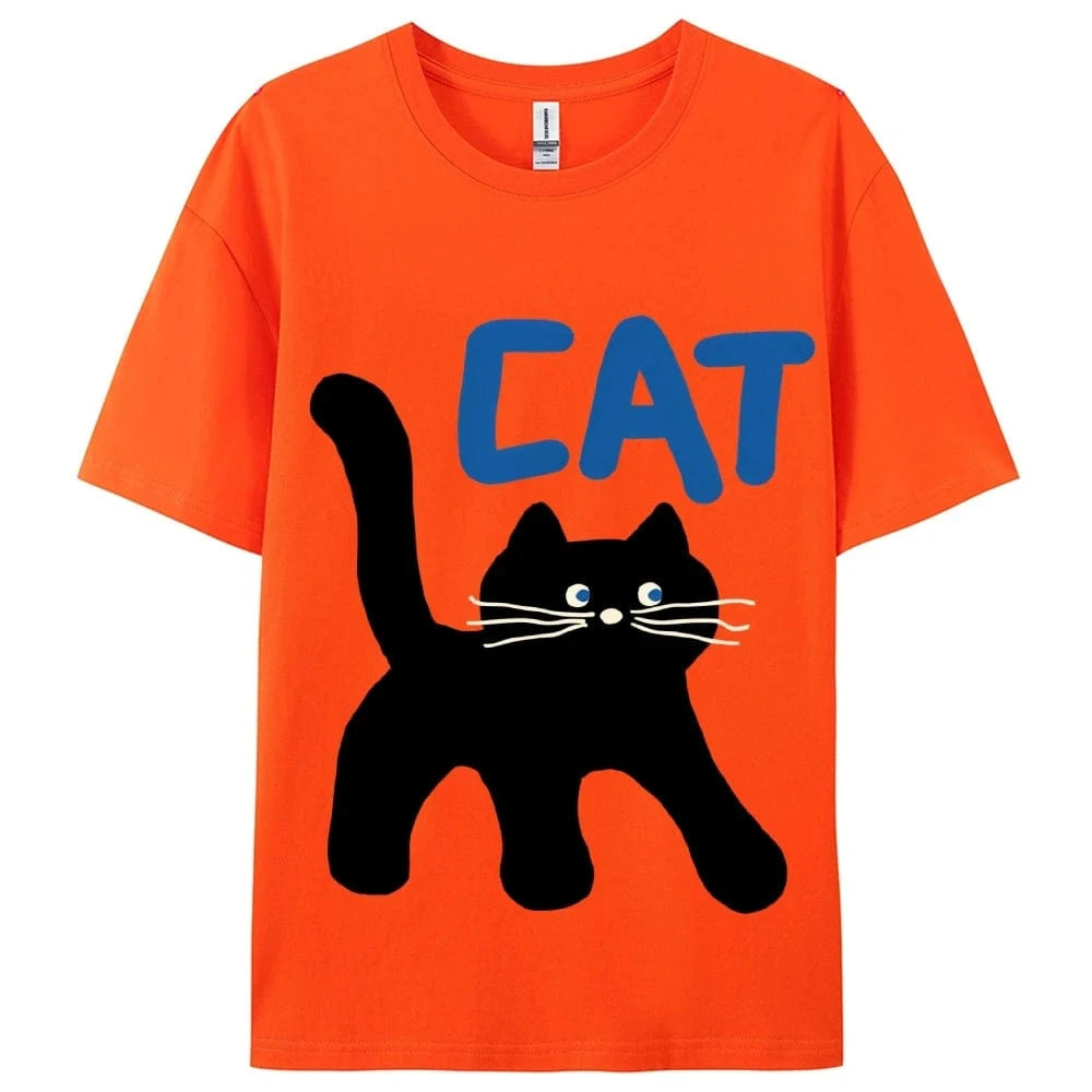 Orange / S Women's Basic Crew Neck Tee Trendy Y2K Women's Short Sleeve Cartoon Cat Print Cute Aesthetic Cotton Casual T-Shirt