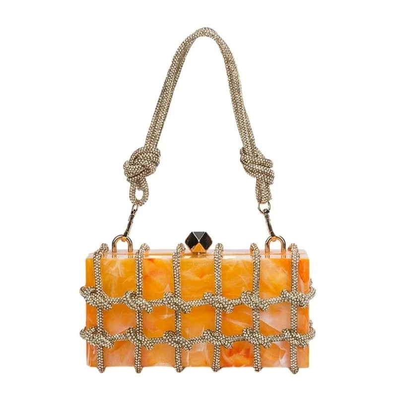 Orange Transparent Wedding Party Handbags for Women Luxury Clear Acrylic Box Purse Woven Knotted Rhinestone Clutch Bag Evening Bags