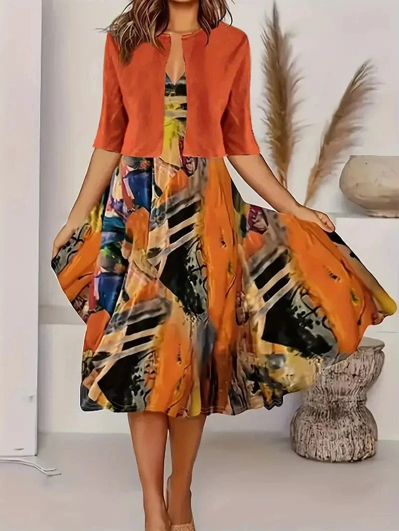 Orange / XXL 2024 Europe and the United States autumn new women's long dress two-piece set of floral print round neck dress coat women