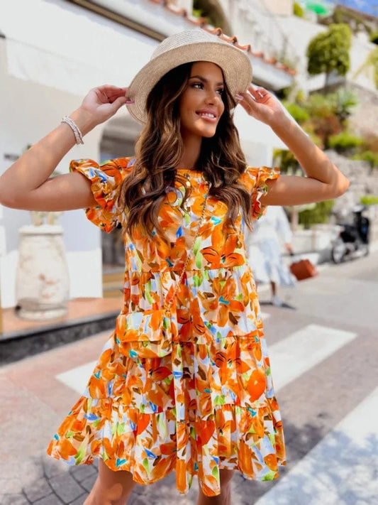 Orange / XXL Fashion Women Summer Print A-Line Dress Patchwork Design Ruffles Decor O-Neck Flare Sleeve Mid Waist Slim Mini Dress