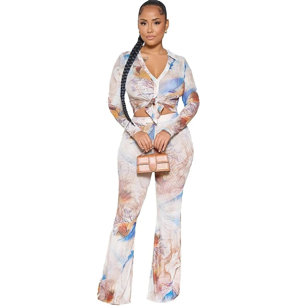 Orange / XXL Spring Summer 2025 Women Clothing Mesh Tie Dye Print Long Sleeve Lace-up Shirts and Flared Pants Suit Women's Casual 2 Piece Set
