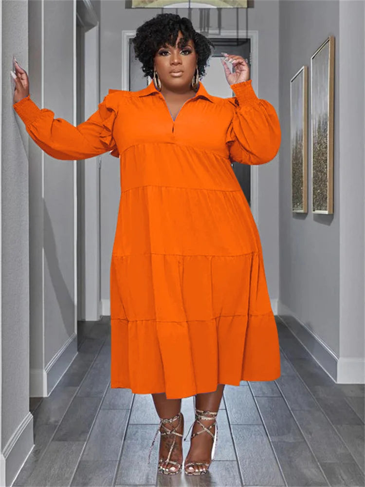 Orange / XXL Wmstar Plus Size Women Clothing Dresses Women Petals Long Sleeve Loose Solid Elegant Maxi Shirts Dress Wholesale Dropshipping