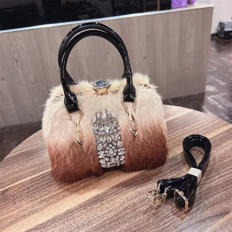 Original Brand Rabbit Hair Bag New Fashion Leather Handcarry Shoulder Crossbody with Diamond Hair Bags for Women - SN Wigs & More