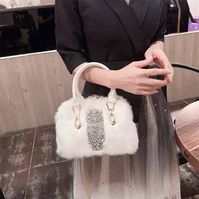 Original Brand Rabbit Hair Bag New Fashion Leather Handcarry Shoulder Crossbody with Diamond Hair Bags for Women - SN Wigs & More