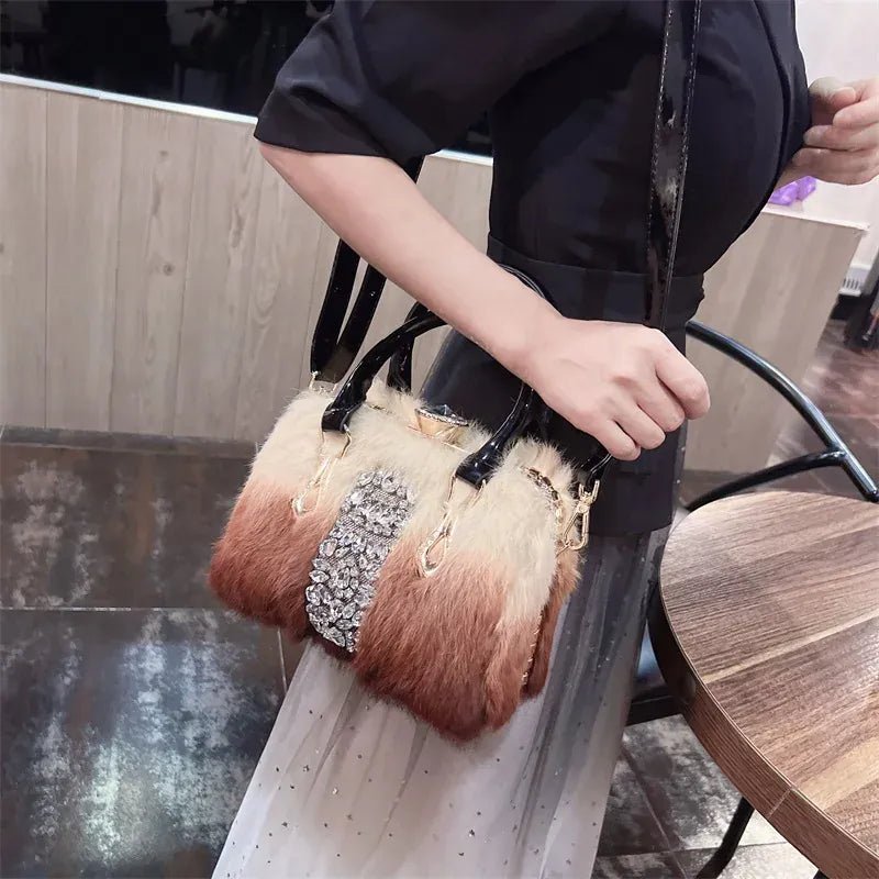 Original Brand Rabbit Hair Bag New Fashion Leather Handcarry Shoulder Crossbody with Diamond Hair Bags for Women - SN Wigs & More