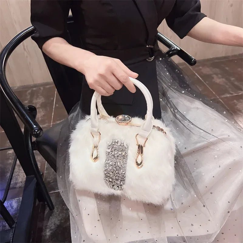 Original Brand Rabbit Hair Bag New Fashion Leather Handcarry Shoulder Crossbody with Diamond Hair Bags for Women - SN Wigs & More