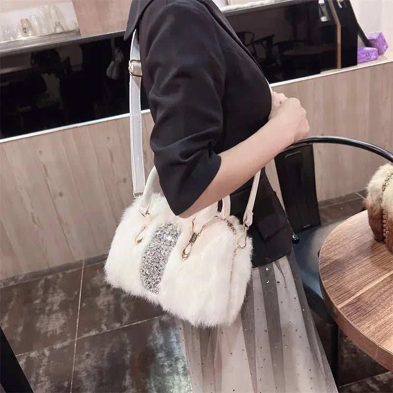Original Brand Rabbit Hair Bag New Fashion Leather Handcarry Shoulder Crossbody with Diamond Hair Bags for Women - SN Wigs & More