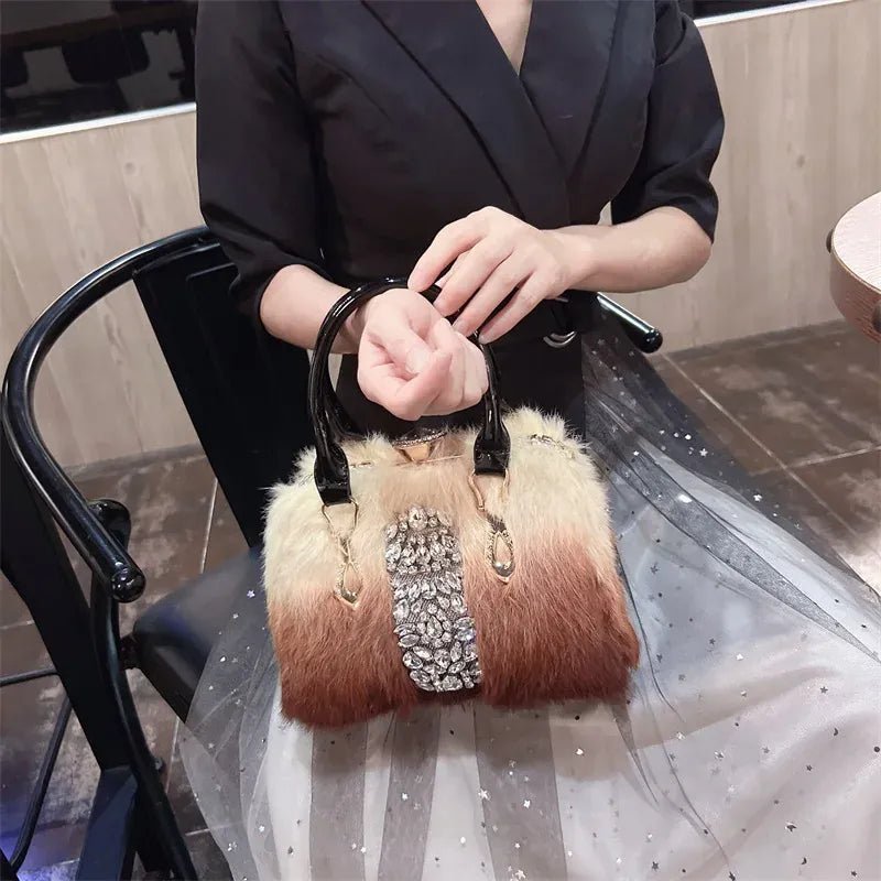 Original Brand Rabbit Hair Bag New Fashion Leather Handcarry Shoulder Crossbody with Diamond Hair Bags for Women - SN Wigs & More