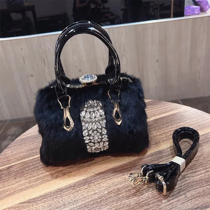 Original Brand Rabbit Hair Bag New Fashion Leather Handcarry Shoulder Crossbody with Diamond Hair Bags for Women - SN Wigs & More