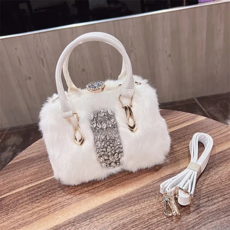 Original Brand Rabbit Hair Bag New Fashion Leather Handcarry Shoulder Crossbody with Diamond Hair Bags for Women - SN Wigs & More