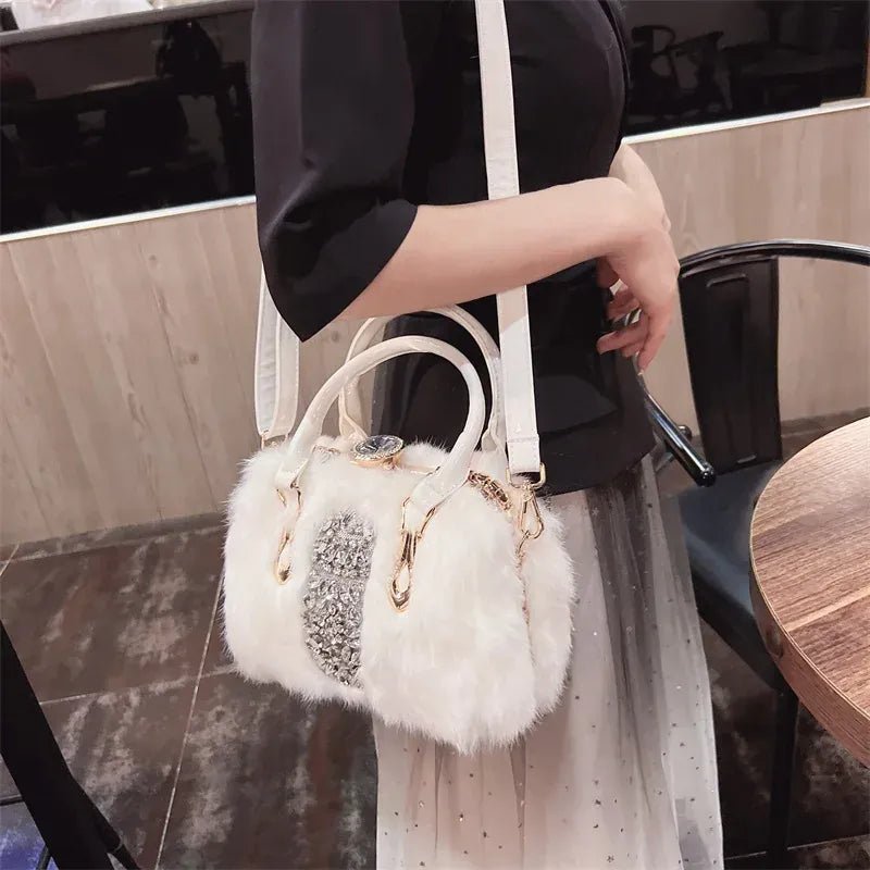 Original Brand Rabbit Hair Bag New Fashion Leather Handcarry Shoulder Crossbody with Diamond Hair Bags for Women - SN Wigs & More