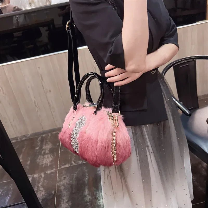 Original Brand Rabbit Hair Bag New Fashion Leather Handcarry Shoulder Crossbody with Diamond Hair Bags for Women - SN Wigs & More