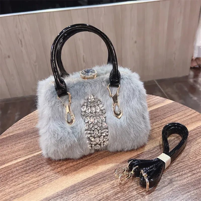 Original Brand Rabbit Hair Bag New Fashion Leather Handcarry Shoulder Crossbody with Diamond Hair Bags for Women - SN Wigs & More
