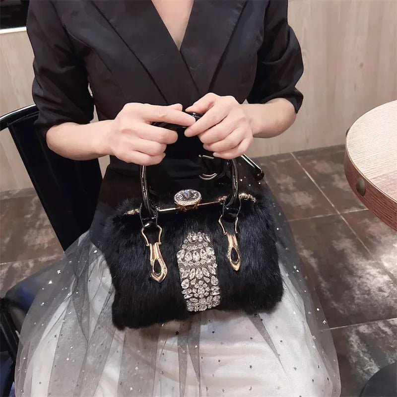 Original Brand Rabbit Hair Bag New Fashion Leather Handcarry Shoulder Crossbody with Diamond Hair Bags for Women - SN Wigs & More