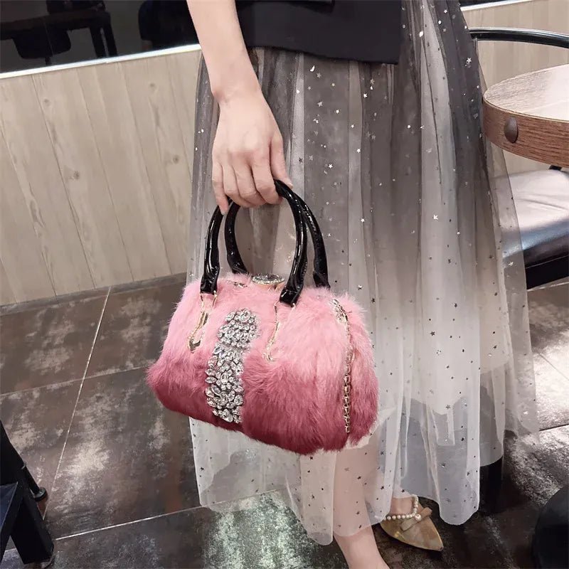 Original Brand Rabbit Hair Bag New Fashion Leather Handcarry Shoulder Crossbody with Diamond Hair Bags for Women - SN Wigs & More