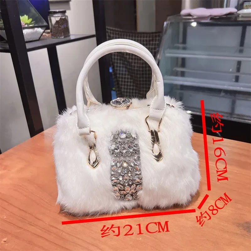 Original Brand Rabbit Hair Bag New Fashion Leather Handcarry Shoulder Crossbody with Diamond Hair Bags for Women - SN Wigs & More