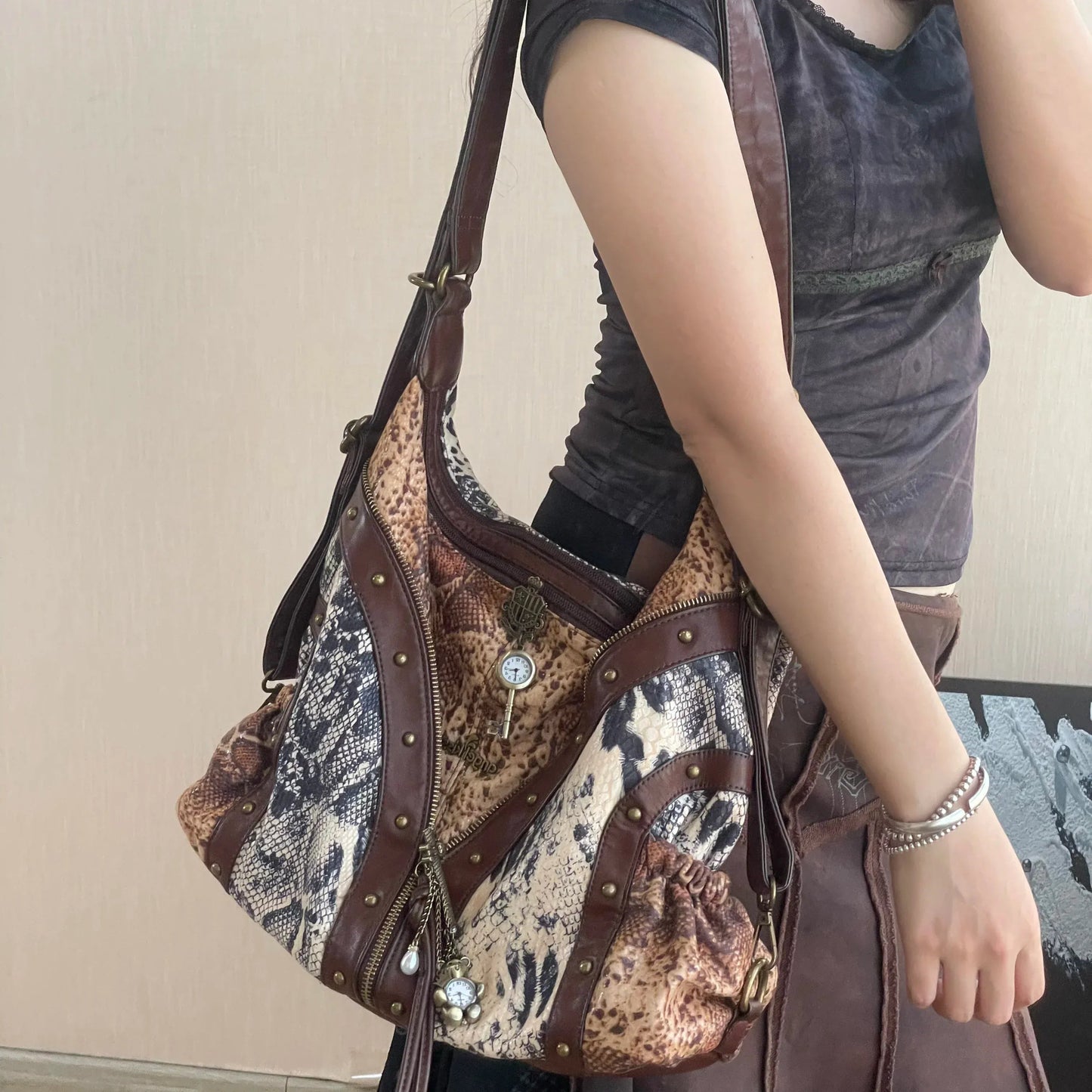 Original Design Retro Rivet Leopard Print Punk Backpack Commuter Large Capacity Tote Crossbody Bags for Women Hot Selling - SN Wigs & More