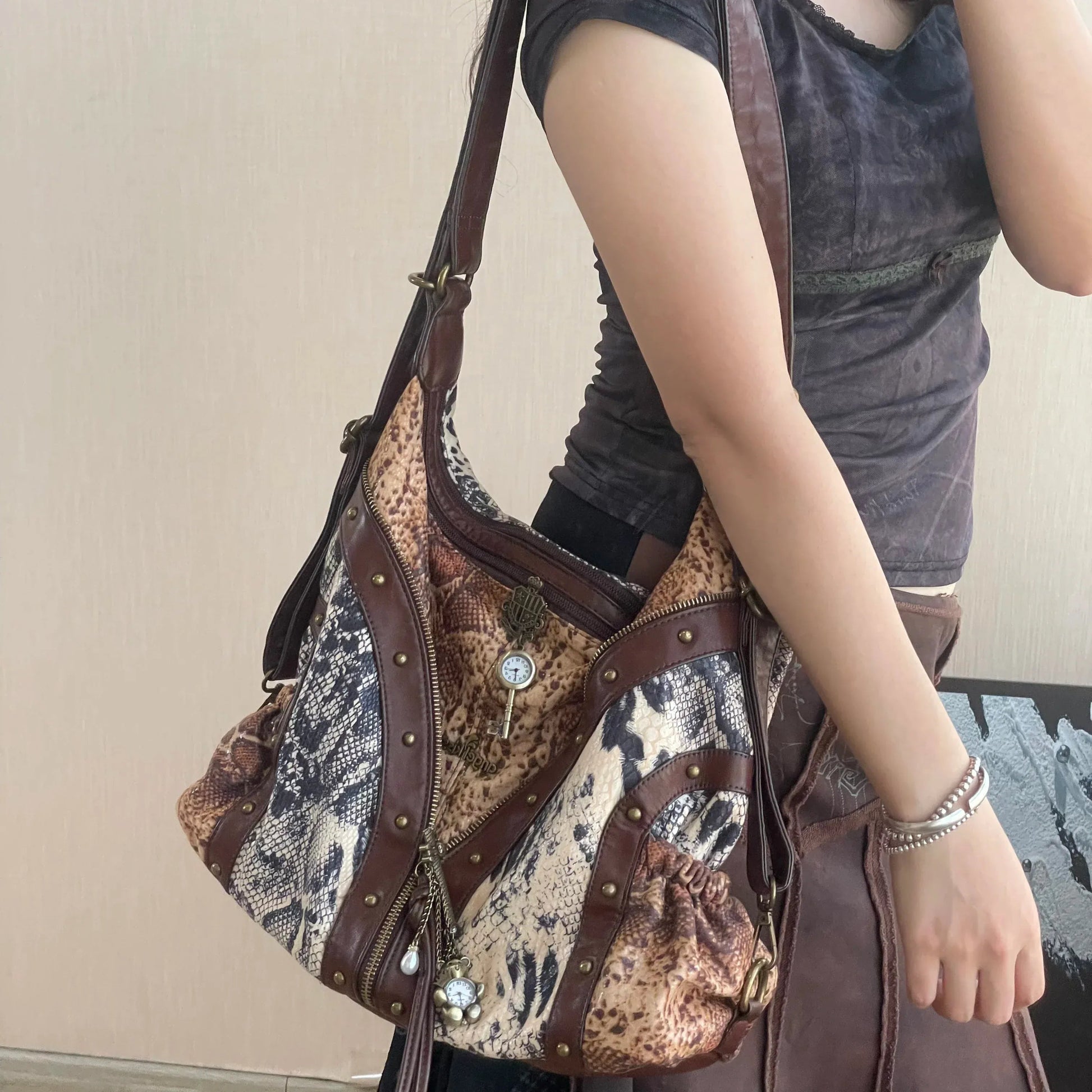 Original Design Retro Rivet Leopard Print Punk Backpack Commuter Large Capacity Tote Crossbody Bags for Women Hot Selling - SN Wigs & More