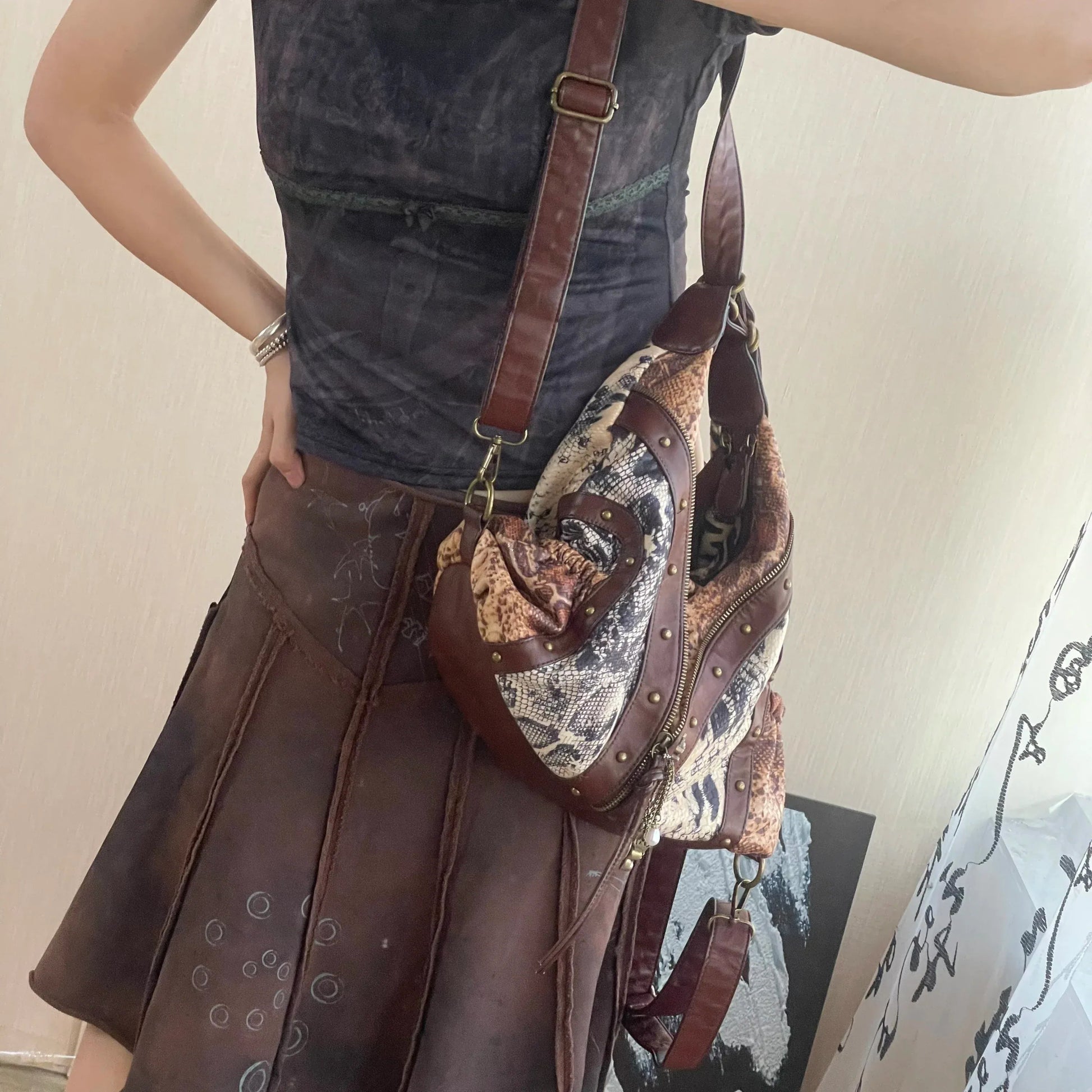 Original Design Retro Rivet Leopard Print Punk Backpack Commuter Large Capacity Tote Crossbody Bags for Women Hot Selling - SN Wigs & More