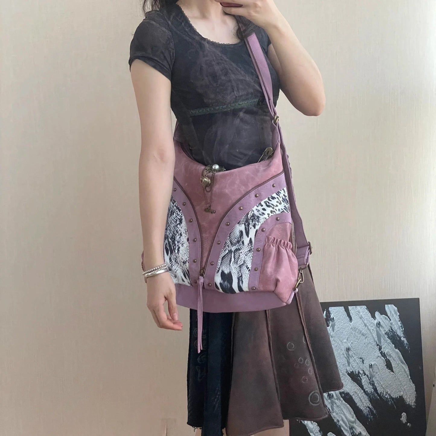 Original Design Retro Rivet Leopard Print Punk Backpack Commuter Large Capacity Tote Crossbody Bags for Women Hot Selling - SN Wigs & More