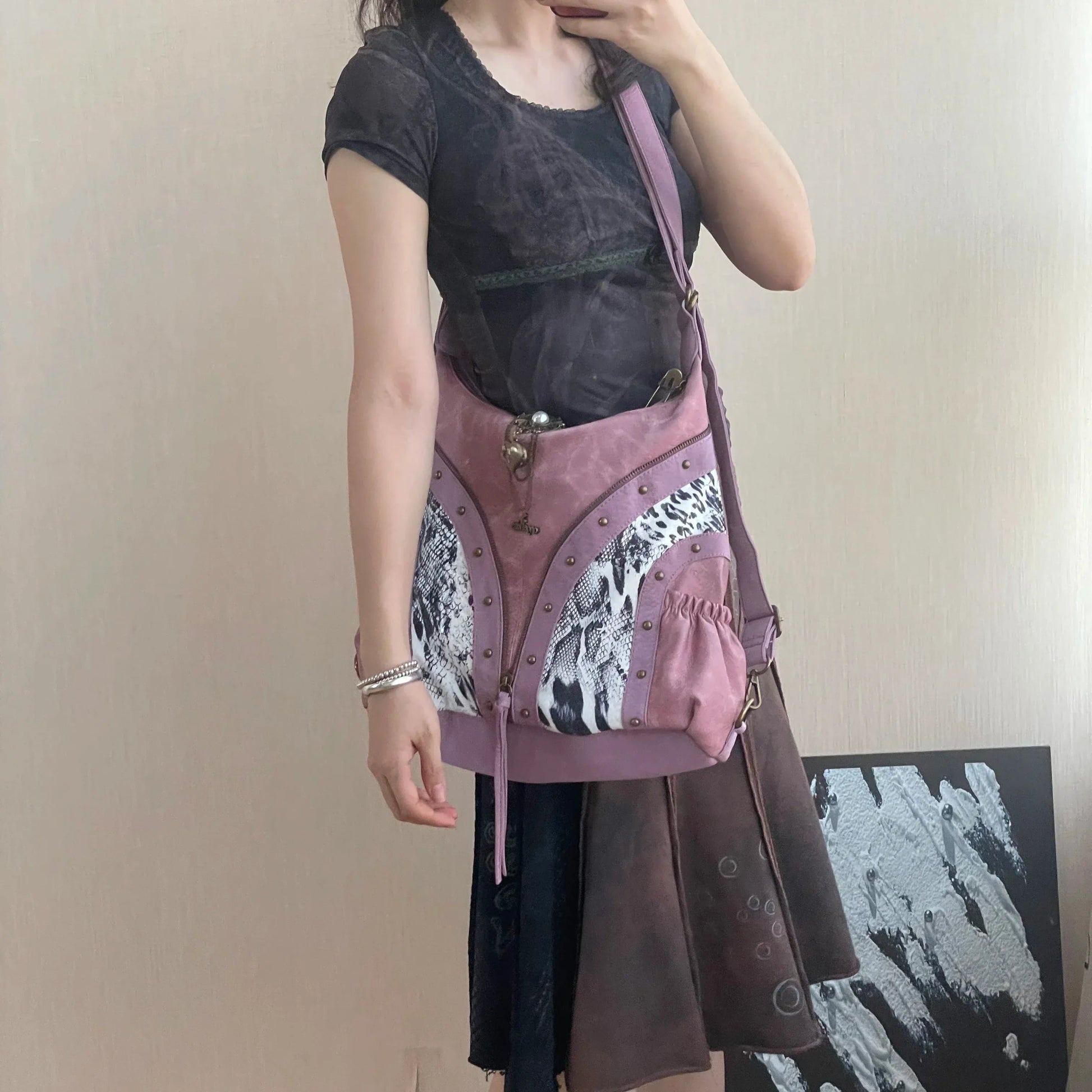 Original Design Retro Rivet Leopard Print Punk Backpack Commuter Large Capacity Tote Crossbody Bags for Women Hot Selling - SN Wigs & More