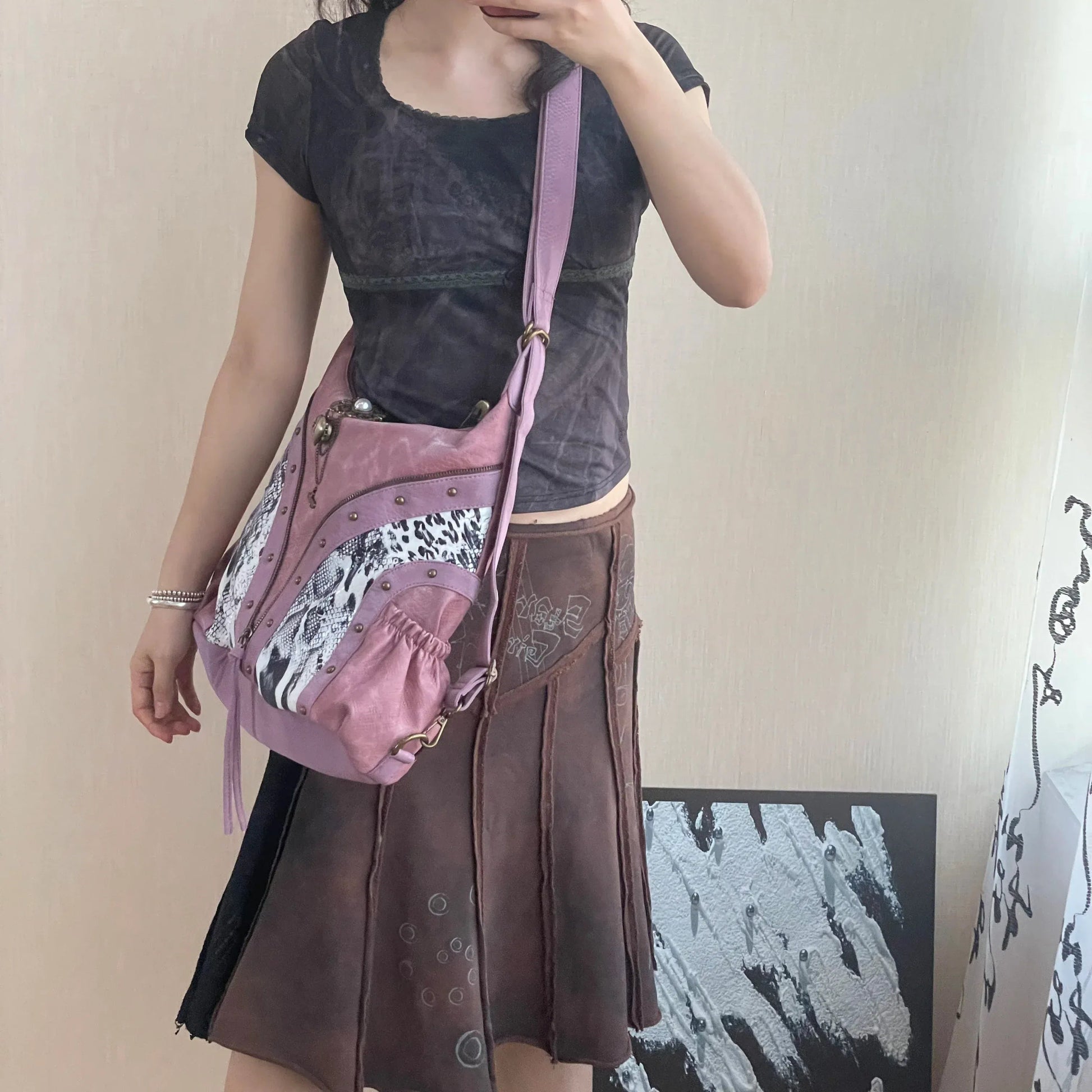 Original Design Retro Rivet Leopard Print Punk Backpack Commuter Large Capacity Tote Crossbody Bags for Women Hot Selling - SN Wigs & More