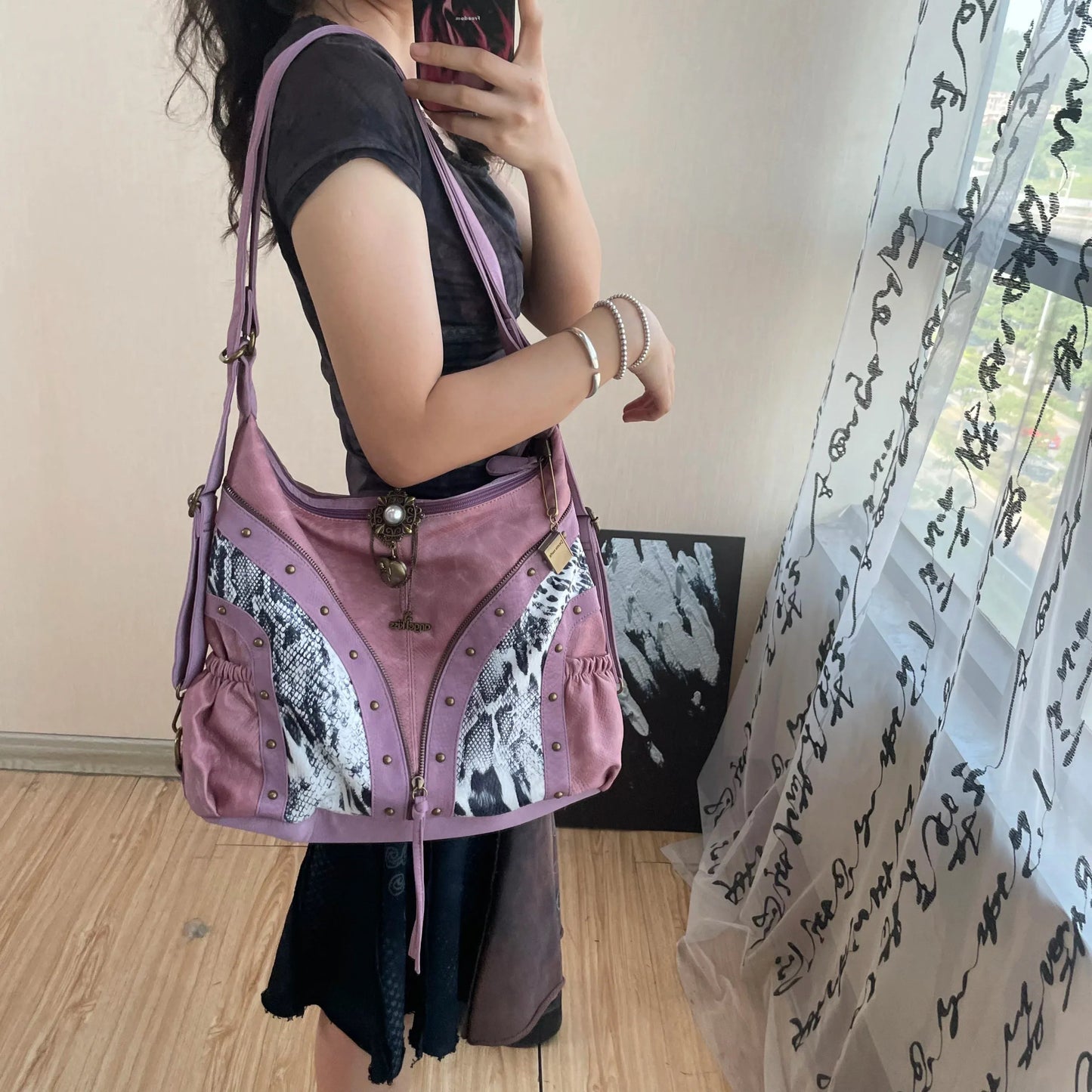 Original Design Retro Rivet Leopard Print Punk Backpack Commuter Large Capacity Tote Crossbody Bags for Women Hot Selling - SN Wigs & More