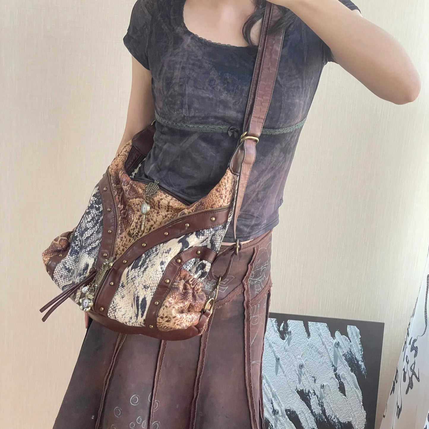 Original Design Retro Rivet Leopard Print Punk Backpack Commuter Large Capacity Tote Crossbody Bags for Women Hot Selling - SN Wigs & More