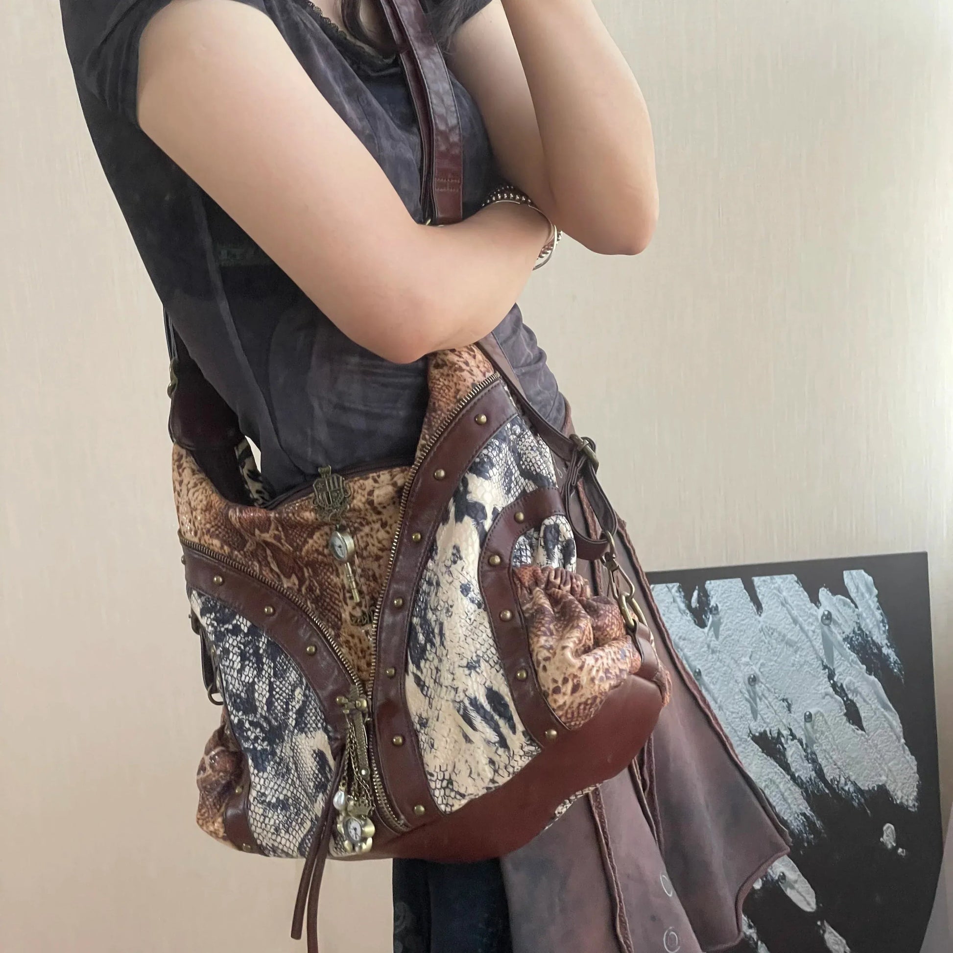 Original Design Retro Rivet Leopard Print Punk Backpack Commuter Large Capacity Tote Crossbody Bags for Women Hot Selling - SN Wigs & More