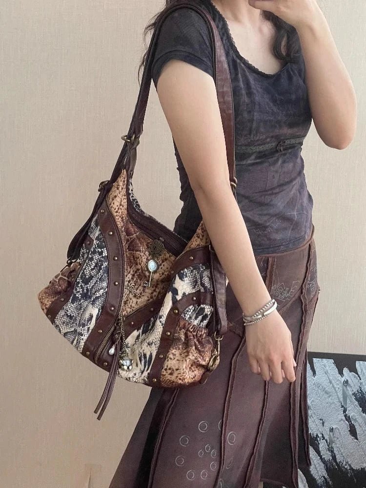 Original Design Retro Rivet Leopard Print Punk Backpack Commuter Large Capacity Tote Crossbody Bags for Women Hot Selling - SN Wigs & More